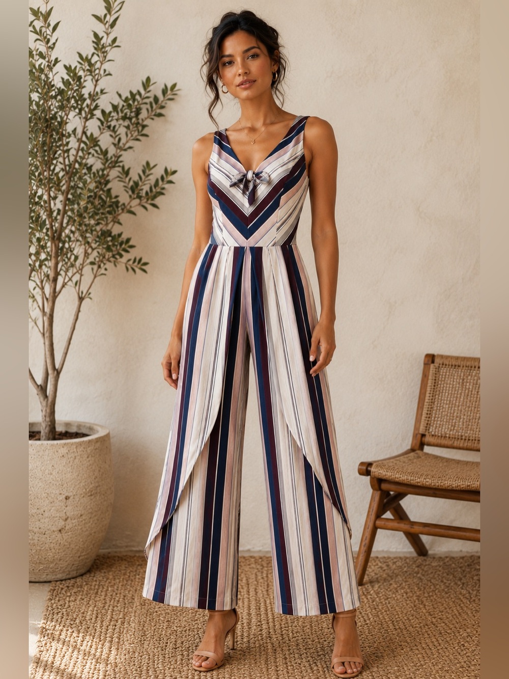 Xhilaration Striped Tie Front Jumpsuit Medium Blush Navy Burgundy Sleeveless